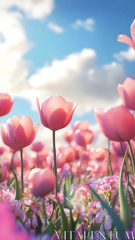 Pink Tulips Under Blue Sky With Clouds.