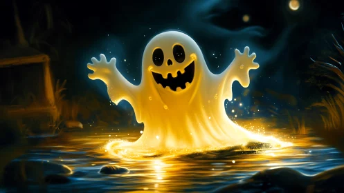 Glowing ghost splashes joyfully across a moonlit forest stream
