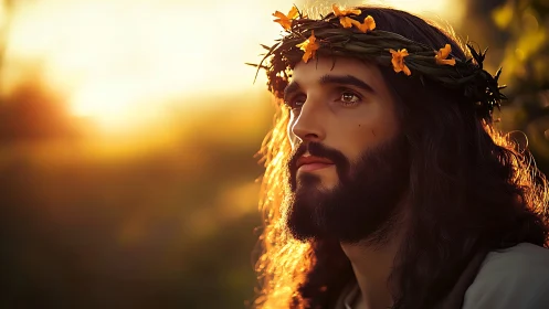 Sunlit bearded figure in floral crown at golden hour.