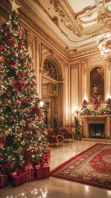 Opulent neoclassical hall with illuminated Christmas tree and gifts