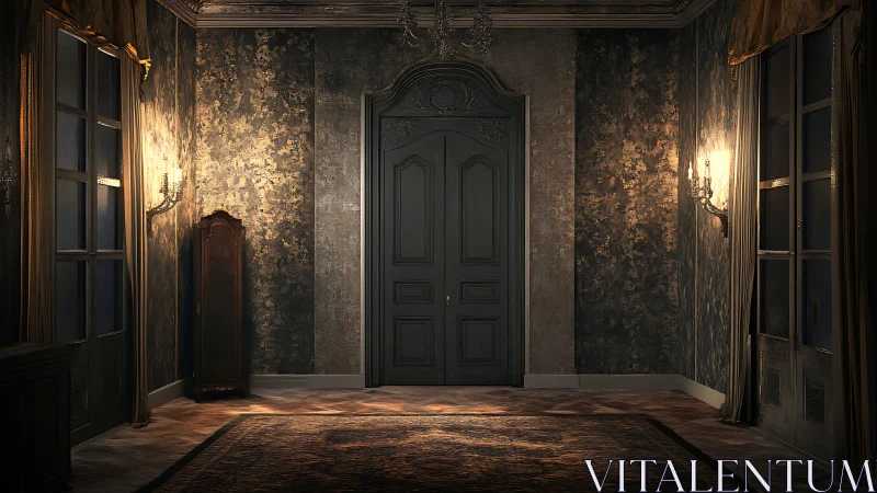 Velvet shadows linger before the grand closed parlor door.