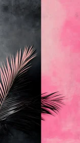 Palm leaf against split black and pink abstract wall.