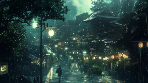Rainy lantern-lit street inviting quiet nighttime wanderers.