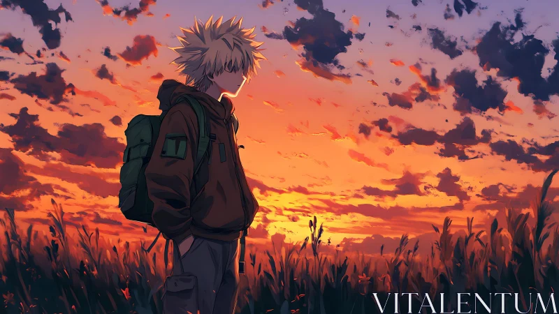 Sunset wanderer drifts through ember clouds and tall grass.