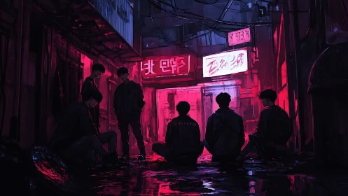 Neon-lit alley gathering renders silhouetted youths in magenta glow