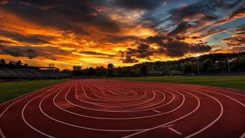 Sunset stadium track curves under dramatic burning sky.