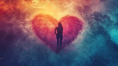 Silhouetted figure before luminous heart-shaped portal. Digital surrealism.