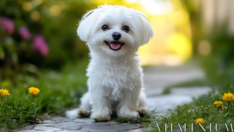 Sunny garden stroll with fluffy white puppy delightfully posed.
