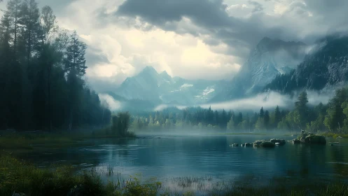 Misty alpine lake rests beneath dramatic stormlit mountains