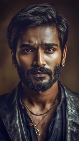 Intense bearded man gazes forward in warm cinematic light