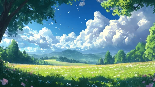 Luminous meadow panorama in expansive anime landscape style.