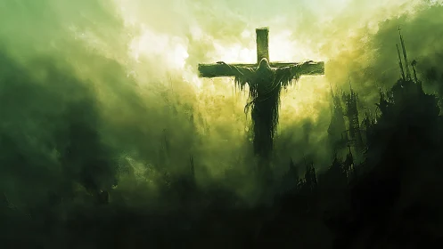 Cross-shaped structure with robed figure in dense green haze