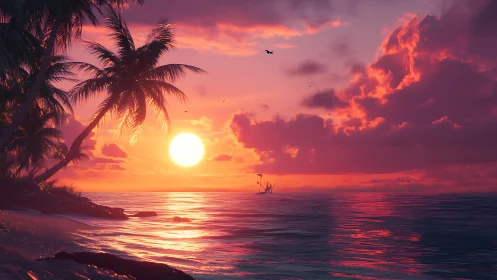 Sunset glow over quiet palms and a softly blushing sea.