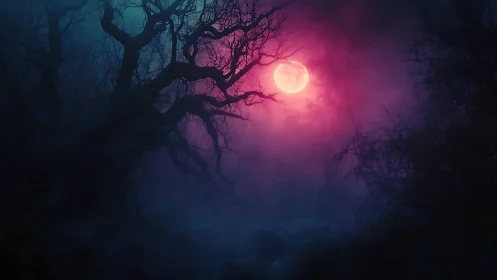 Crimson moon weaves eerie light through tangled forest bones