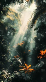 Sunlit rainforest canopy dramatizes orange tropical foliage