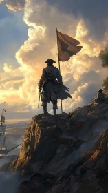 Digital painting of lone naval captain on storm-worn cliff summit.
