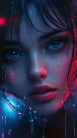 Neon-lit wet portrait with cinematic blue and magenta glow.