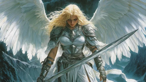 Armored angel warrior holding sword with white wings poised.