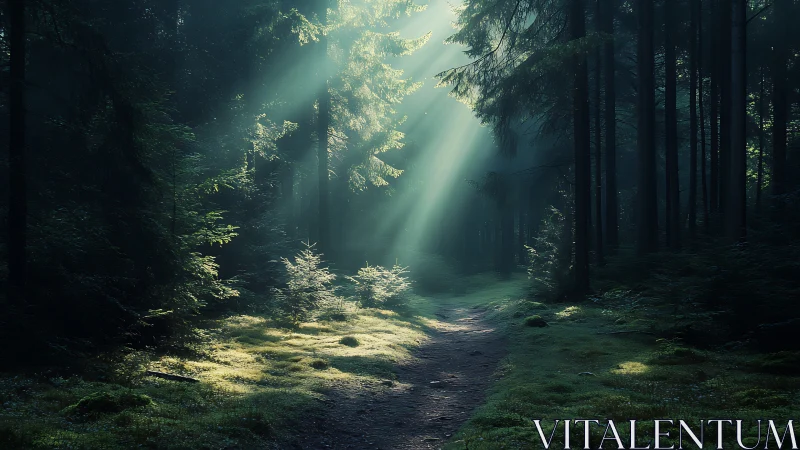 Sunbeams Illuminate Serene Forest Trail in Dreamlike Morning Light.