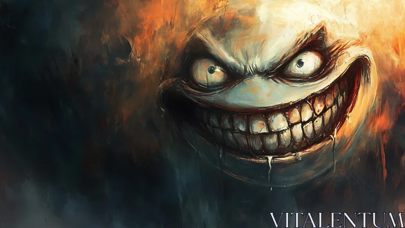 Sinister grinning face with dripping teeth in dark fire.