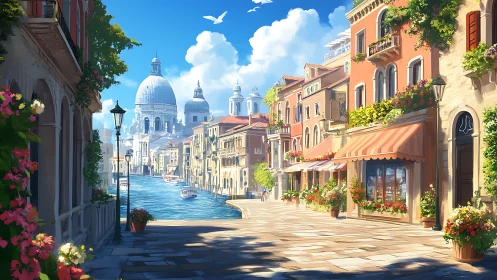 Sunlit canal street with domed basilica and flowered facades.