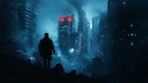 Solitary armed figure surveys dense, fogged urban skyline