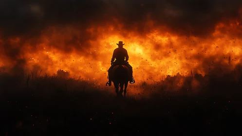 Silhouetted Rider Charges Through Inferno of Flame and Ash