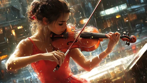Rainlit violinist braids city lights into glowing melodies