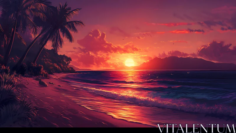 High-saturation tropical shoreline sunset with volumetric clouds and specular surf