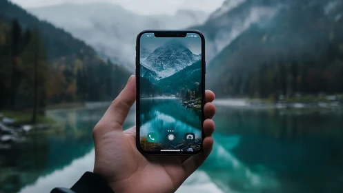 Mountain Lake Captured Through Mobile Device Screen Reflection