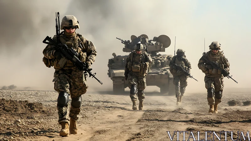 Armed soldiers advance on dusty road before armored vehicle