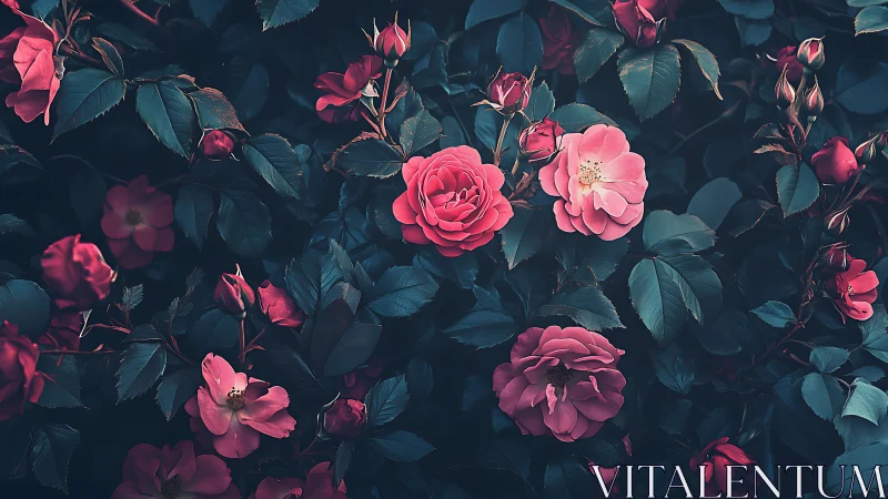 Roses bloom against dark teal foliage in layered botanical composition.