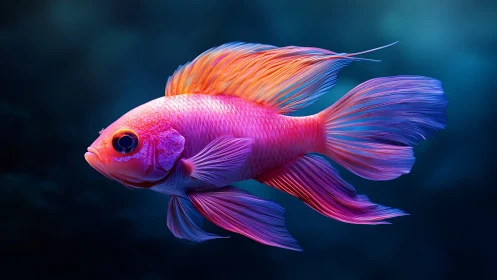 Radiant neon reef fish glides through a moody blue ocean