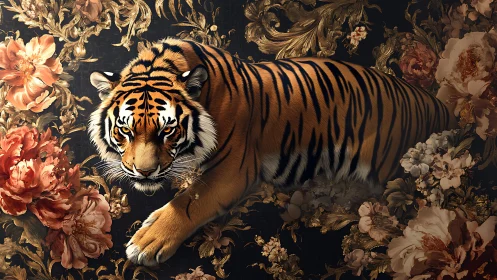 Velvet jungle prowler weaving through baroque blooms.