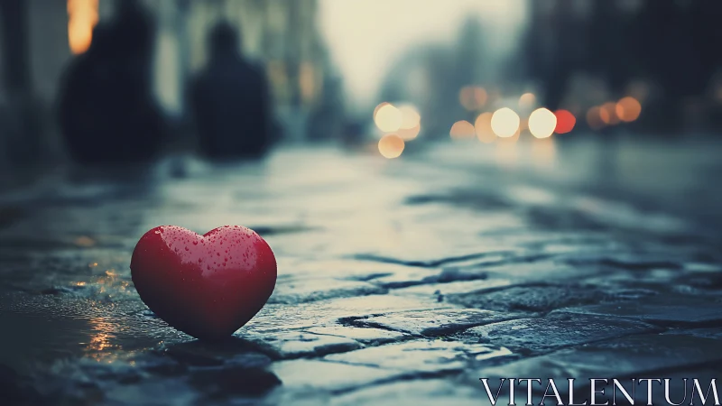 Red Heart on Wet Pavement in Soft Urban Blur.