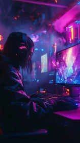 PC gamer using RGB desktop in neon lit gaming lounge.