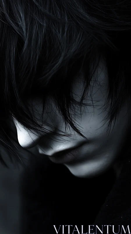 Shadow-haired introvert bending into a quiet blue hush.