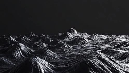 Monochrome metallic seascape forms sculpted digital waves.