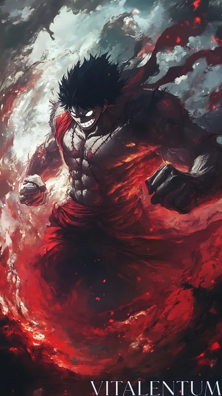 Storm-wreathed warrior erupting from crimson inferno vortex.