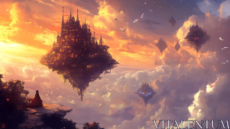 Floating castle city over clouds at vivid sunset sky.