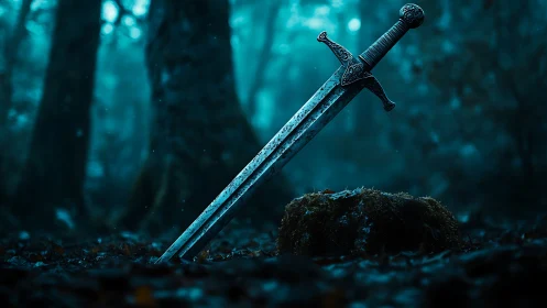 Legendary sword rests in a misty enchanted forest clearing.