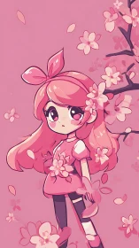 Soft pink blossom girl daydreaming among falling petals.