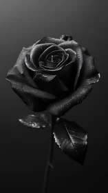 Single black rose with dew drops on petals in closeup view.