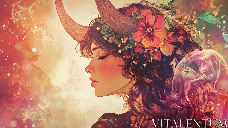 Profile illustration of horned woman with floral headpiece.