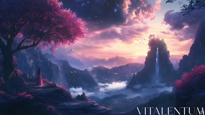 Girl in pink gazes over dreamy valley of waterfalls at dusk.