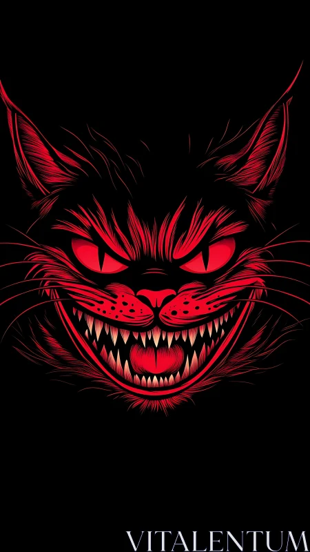 Stylized red feline face with exaggerated sharp teeth on black.