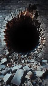 Brick wall abyss yawns open in a halo of shattered stone.