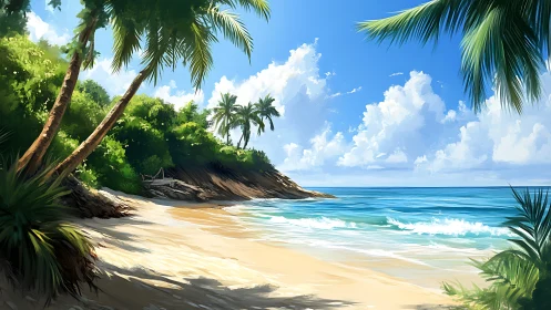 Tropical Beach Cove with Palm Trees and Coastal Cliffs