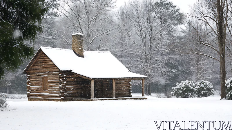 Snow-covered log cabin amid quiet winter forest landscape.