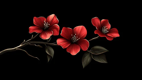 Vibrant Red Flowers on Branches Against Black Background.